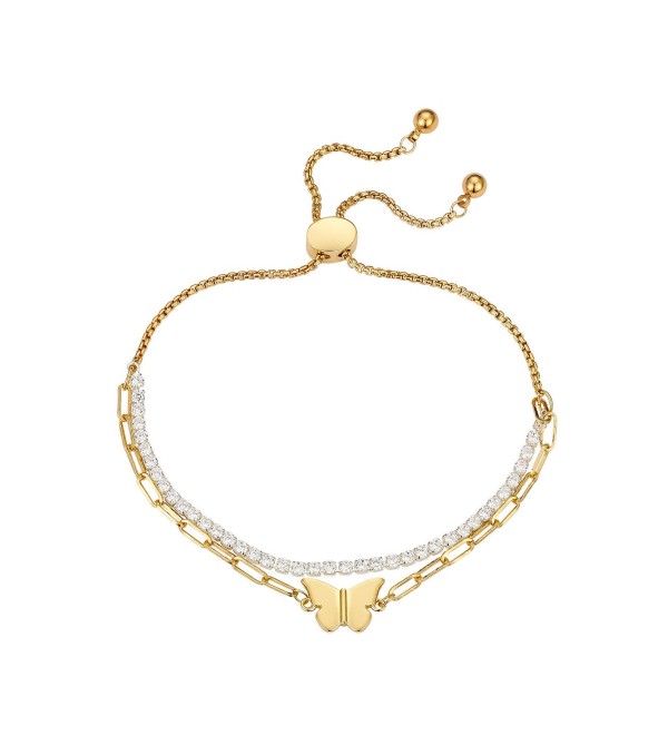14K Two Tone Gold-Plated Cubic Zirconia and Butterfly Link Double Strand Bracelet